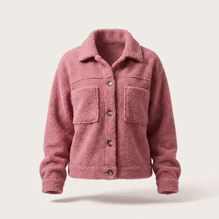 Pink fleece winter coat with button front, point collar, two chest pockets, long sleeves