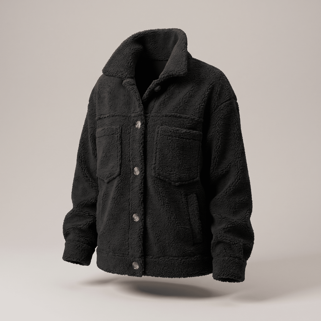 Soft winter coat in dark black fleece texture, button front, hooded collar, chest pocket