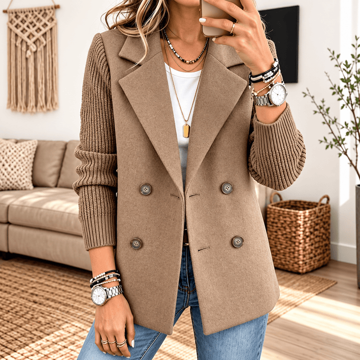 Beige knit-sleeve double-breasted blazer with four button details and notched lapels