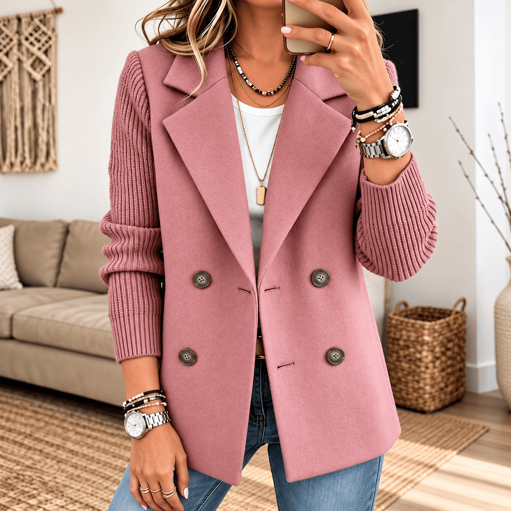 Mauve knit-sleeve double-breasted blazer with four button details and notched lapels
