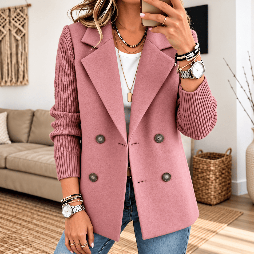 Mauve knit-sleeve double-breasted blazer with four button details and notched lapels