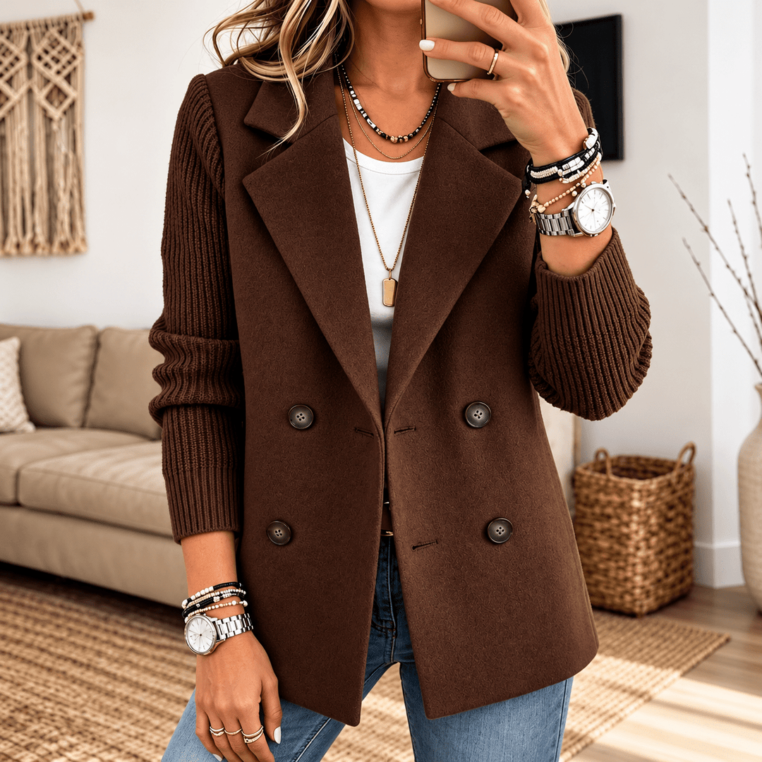 Brown knit-sleeve double-breasted blazer with four button details and notched lapels
