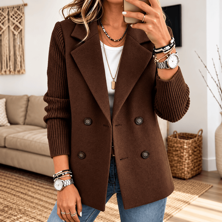 Brown knit-sleeve double-breasted blazer with four button details and notched lapels