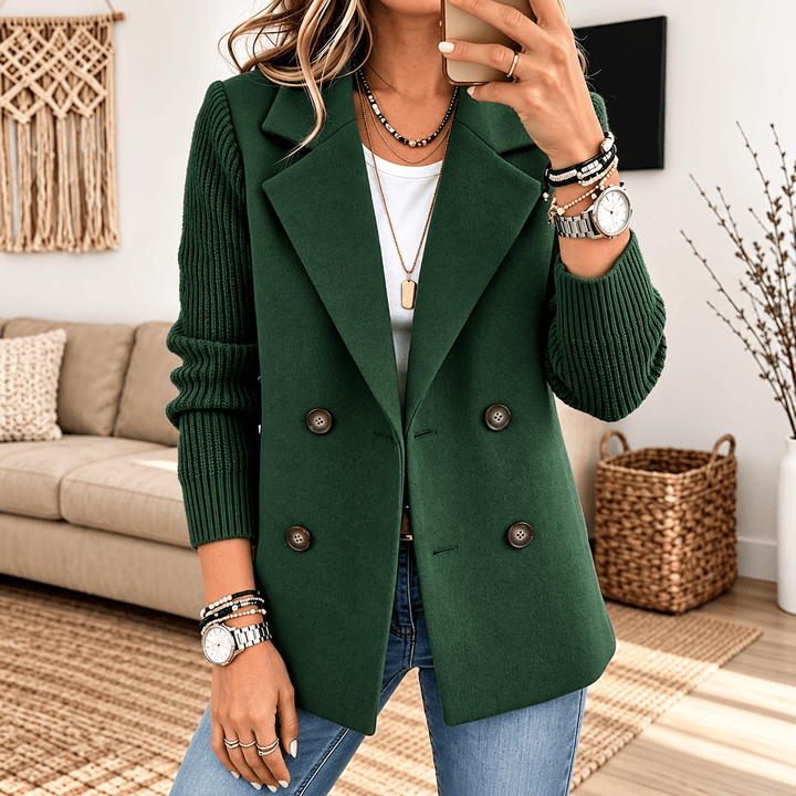Green knit-sleeve double-breasted blazer with four button details and notched lapels