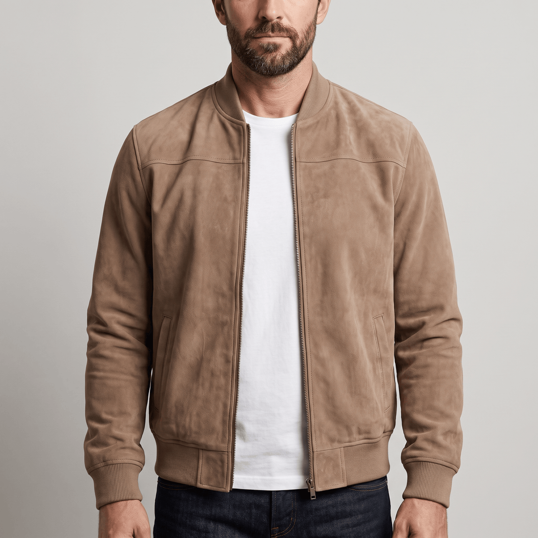 Brown suede bomber-style jacket with front zip, ribbed collar, cuffs, and side pockets