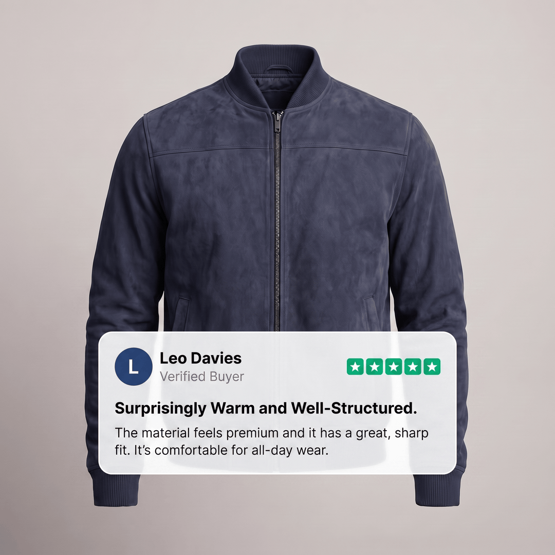 Navy suede zip-up jacket with ribbed knit cuffs and hem, side pockets