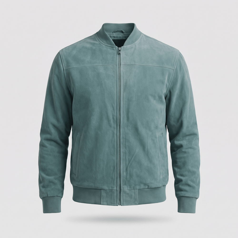 Aqua suede zip-up jacket with ribbed collar and hem, side pockets