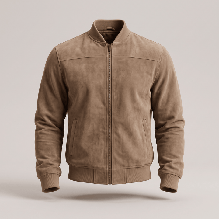 Tan-brown suede zip-up jacket with ribbed cuffs and hem, side pockets