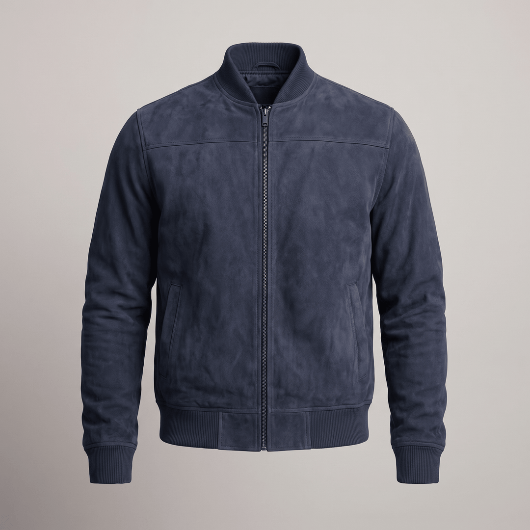 Navy suede zip-up jacket with front zipper, ribbed cuffs and hem