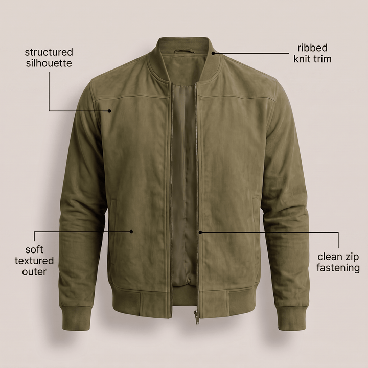 Green suede zip jacket with ribbed knit collar, front zipper, side pockets