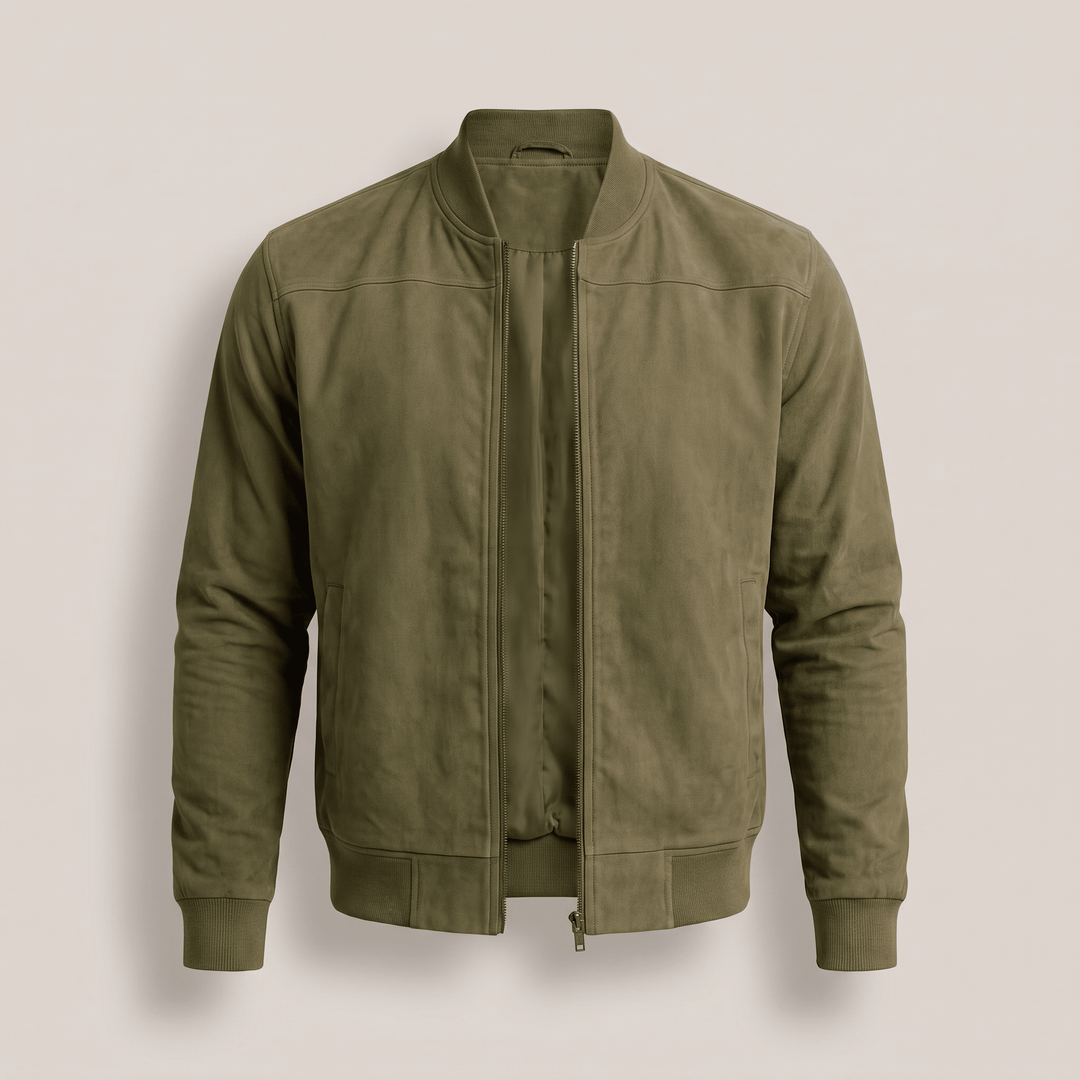 Green suede zip-up jacket with ribbed cuffs and hem, front pockets