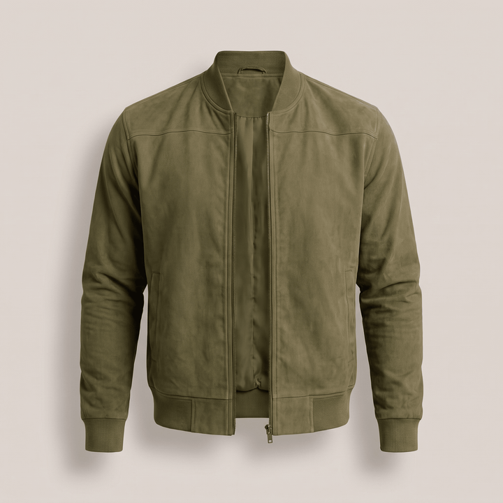 Green suede zip-up jacket with ribbed cuffs and hem, front pockets