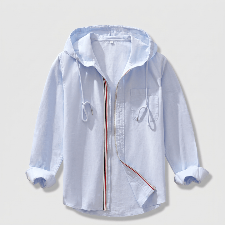 Light blue button-front linen hoodie with drawstring hood, patch pocket, tricolor trim