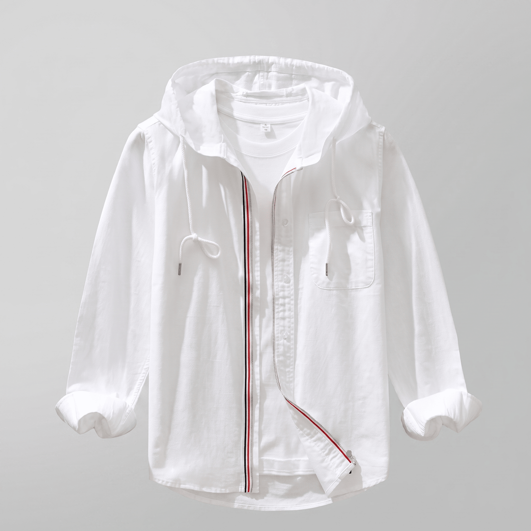 White button-front linen hoodie with drawstring hood, patch pocket, tricolor trim