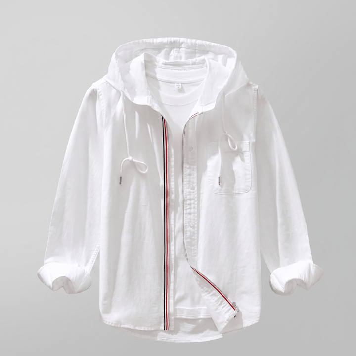 White button-front linen hoodie with drawstring hood, patch pocket, tricolor trim