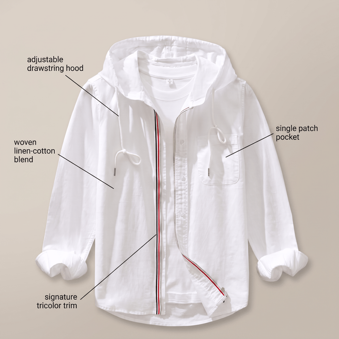 White linen-cotton blend hoodie with adjustable drawstring hood and patch pocket