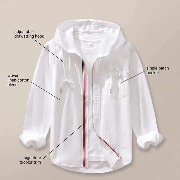 White linen-cotton blend hoodie with adjustable drawstring hood and patch pocket