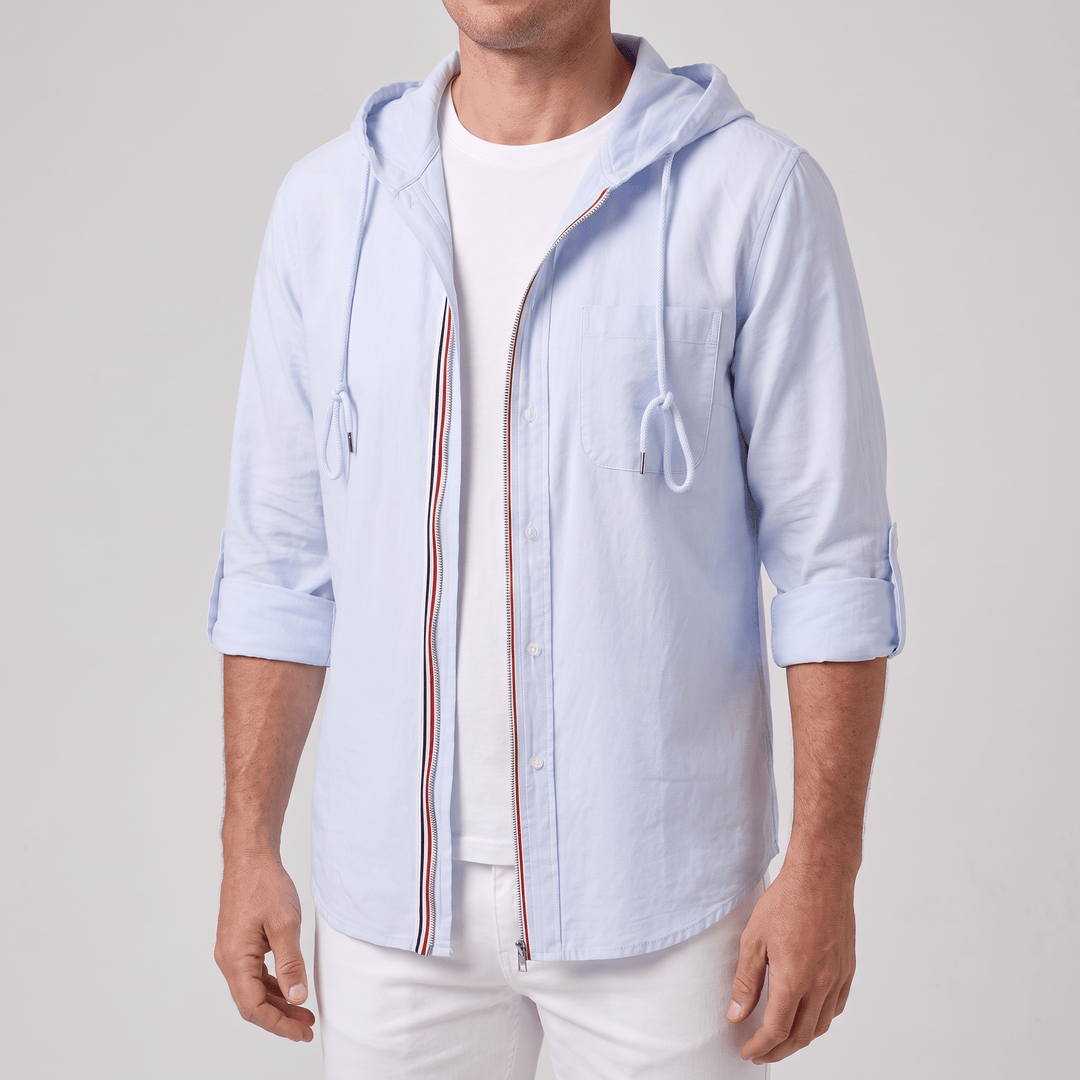 Light blue linen hoodie with drawstring hood and front patch pockets
