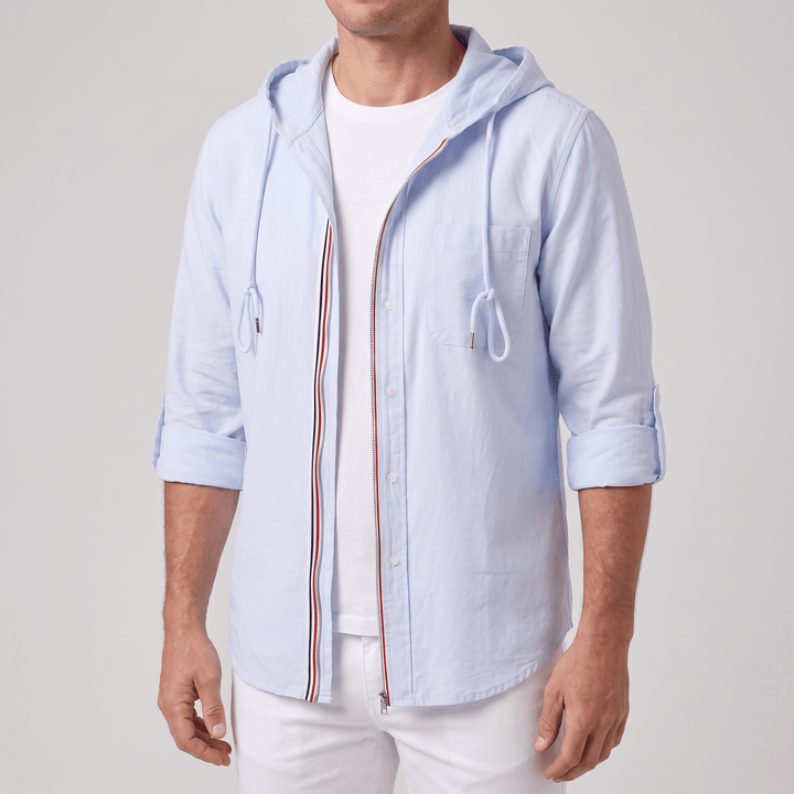 Light blue linen hoodie with drawstring hood and front patch pockets