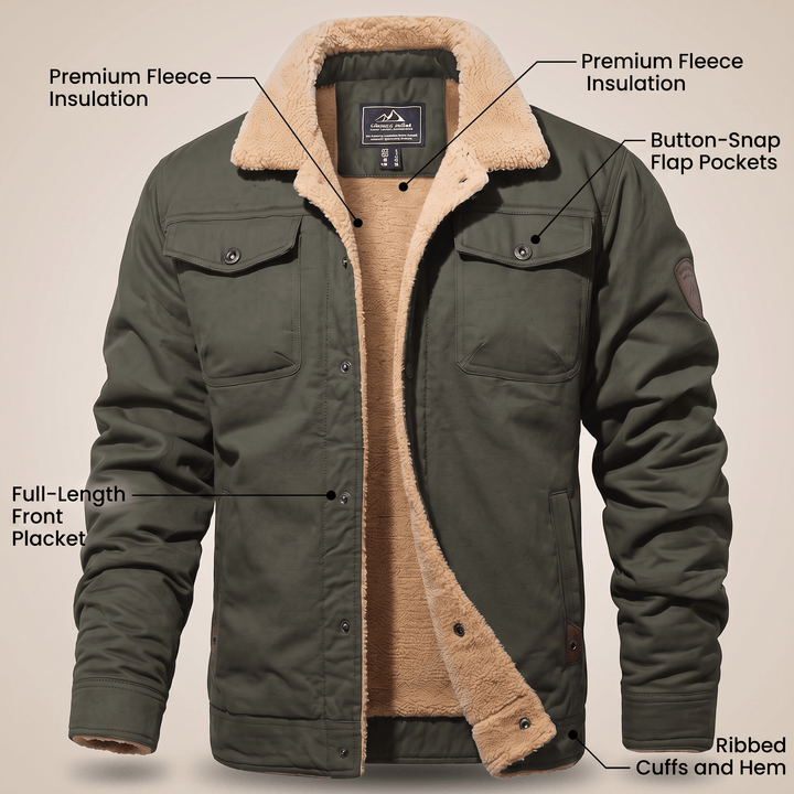 Olive fleece-lined bomber jacket with snap button front, flap pockets, ribbed cuffs