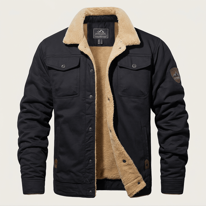 Black fleece-lined bomber jacket with button front, flap pockets, and tan sherpa lining