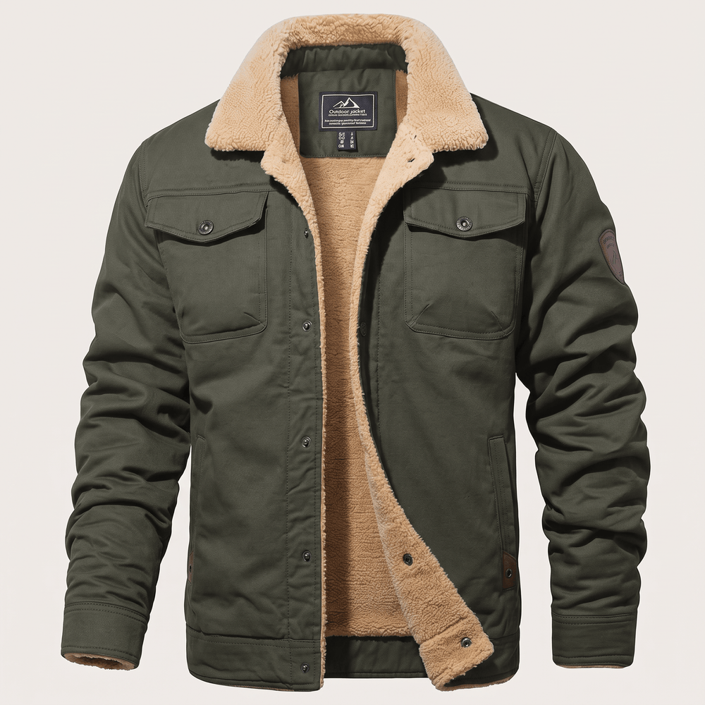 Dark green fleece-lined bomber jacket with button front and flap pockets