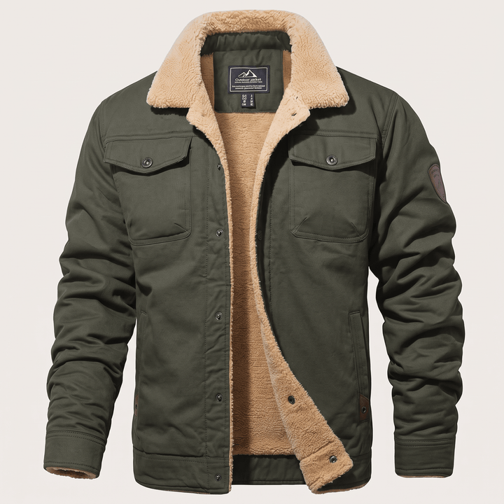 Dark green fleece-lined bomber jacket with button front and flap pockets