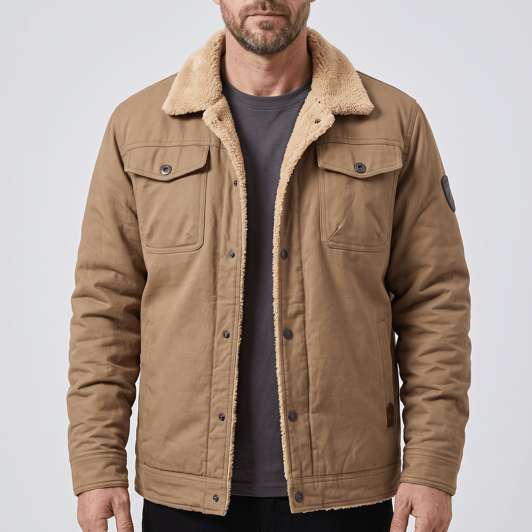 Tan fleece-lined bomber jacket with button front, flap chest pockets, ribbed cuffs