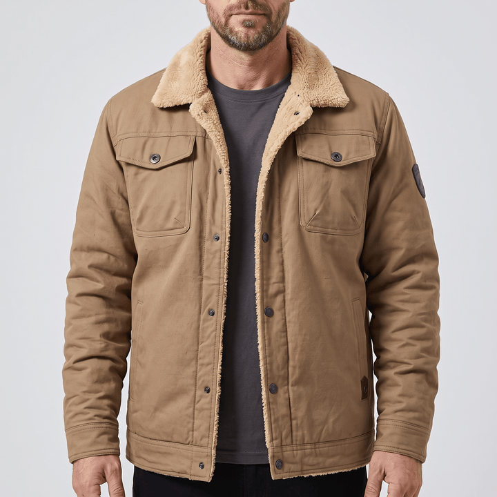 Tan fleece-lined bomber jacket with button front, flap chest pockets, ribbed cuffs