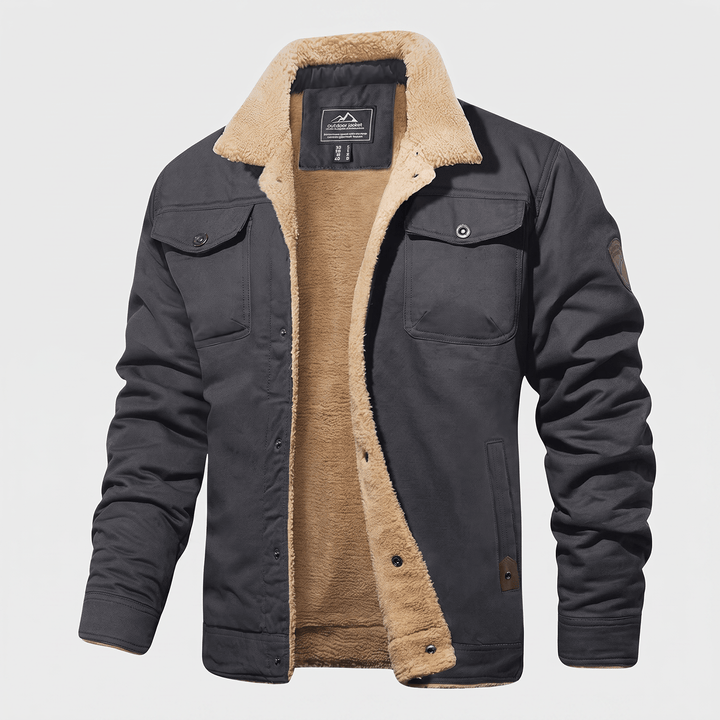 Charcoal black fleece-lined bomber jacket with button front and flap pockets