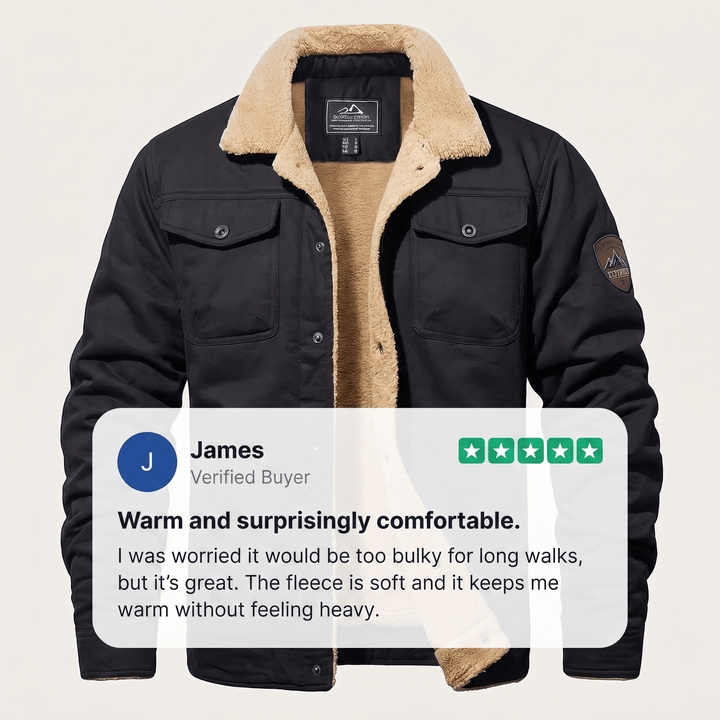 Black fleece-lined bomber jacket with snap button front and flap pockets