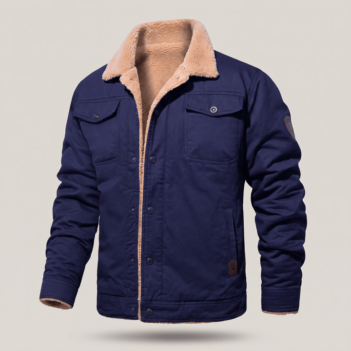 Navy fleece-lined bomber jacket with button front, flap pockets, and tan sherpa lining