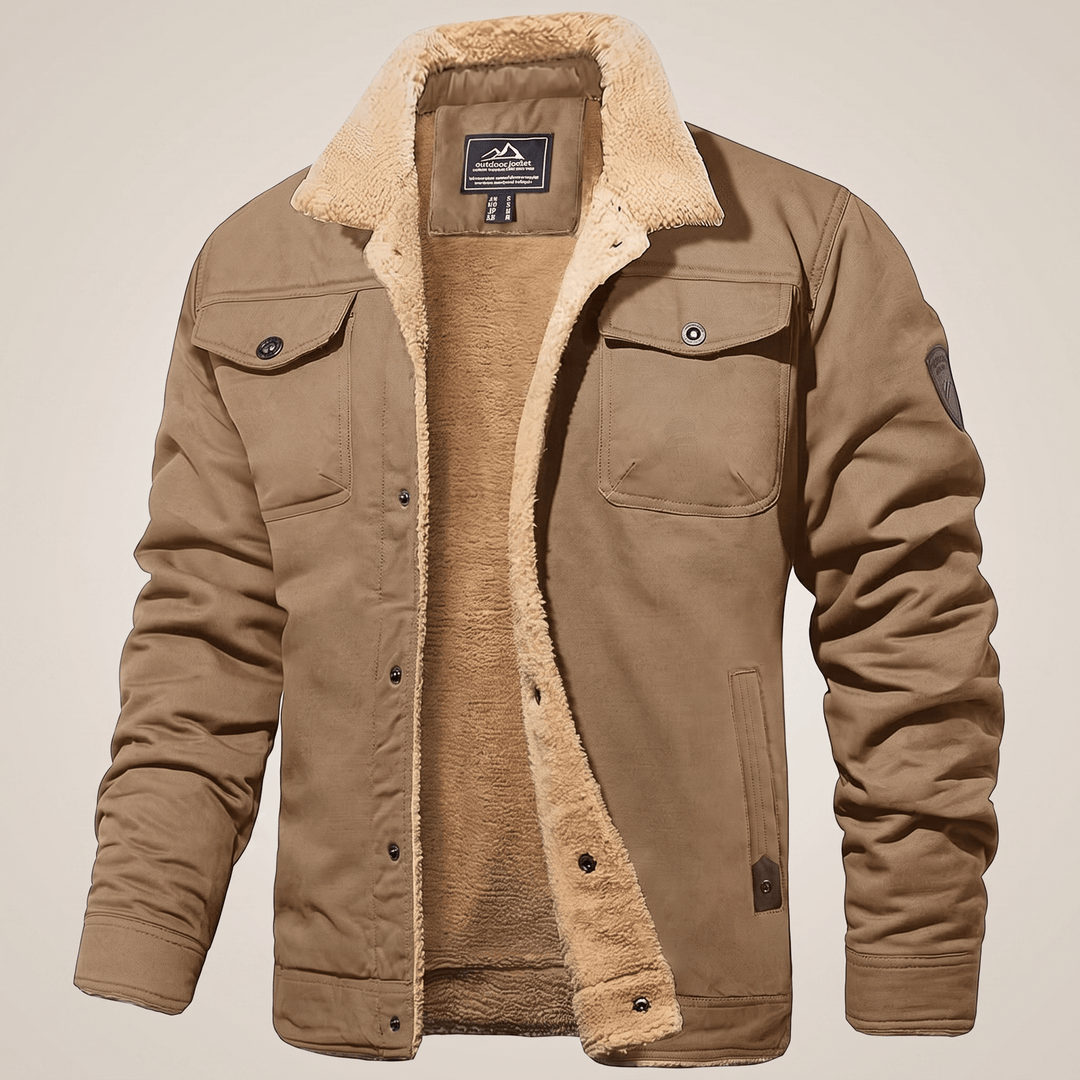Khaki fleece-lined bomber jacket with button front, flap pockets, and tan sherpa lining