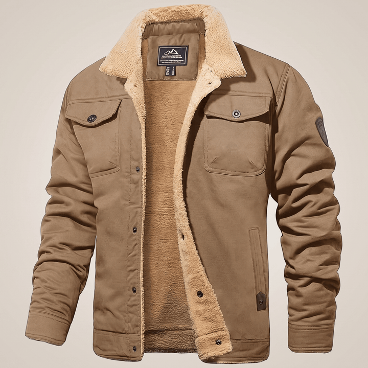 Khaki fleece-lined bomber jacket with button front, flap pockets, and tan sherpa lining