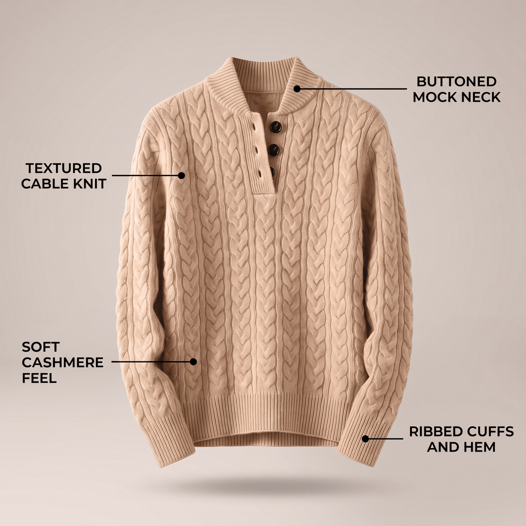 Celeste cashmere sweater in cream, cable knit, button mock neck, ribbed cuffs and hem
