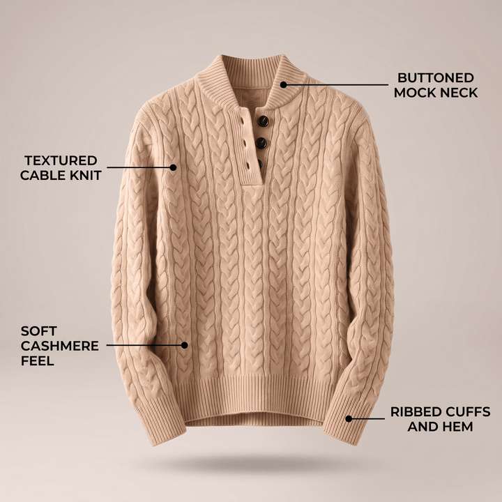 Celeste cashmere sweater in cream, cable knit, button mock neck, ribbed cuffs and hem