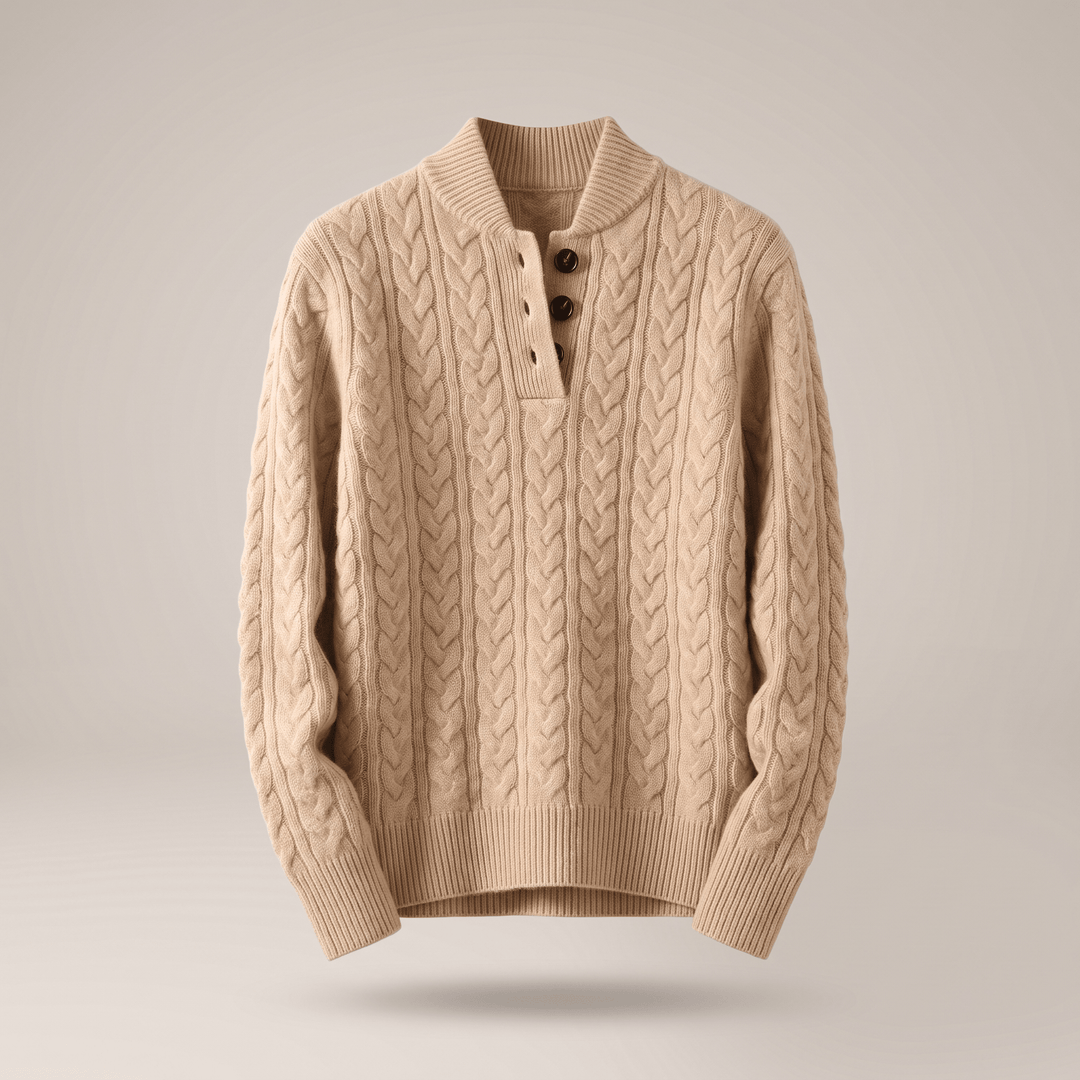 Celeste cashmere sweater in cream, cable knit pattern, buttoned placket, ribbed cuffs and hem