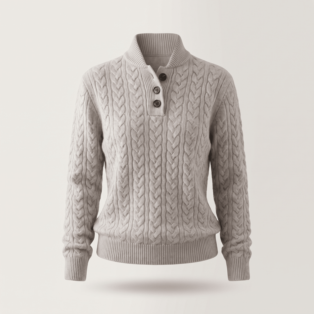 Celeste cashmere sweater in light gray, cable knit, three-button placket, ribbed neckline