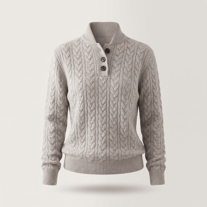 Celeste cashmere sweater in light gray, cable knit, three-button placket, ribbed neckline