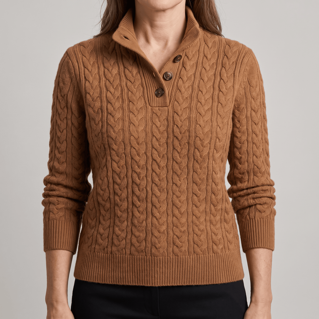 Celeste cashmere sweater in caramel brown, cable knit, buttoned mock placket, ribbed cuffs