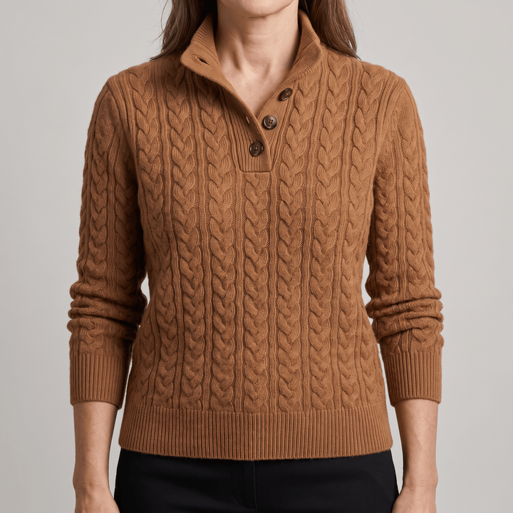 Celeste cashmere sweater in caramel brown, cable knit, buttoned mock placket, ribbed cuffs