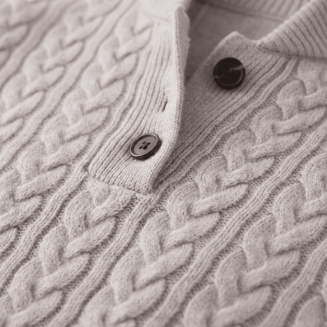 Celeste cashmere sweater knit close-up in light beige, button placket detail