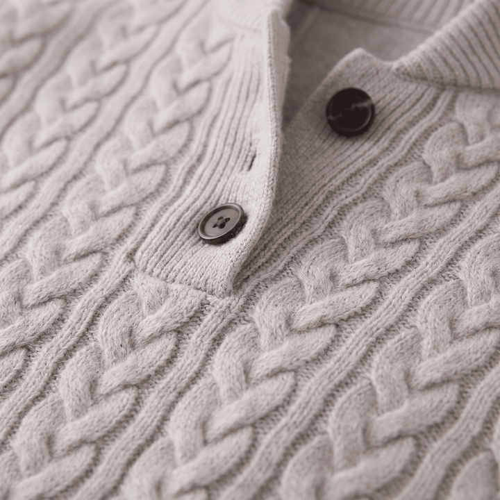 Celeste cashmere sweater knit close-up in light beige, button placket detail