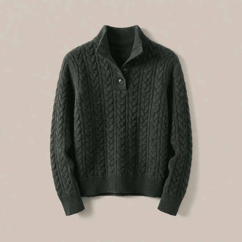 Celeste cashmere sweater in dark green, cable knit, half-button placket, ribbed hem