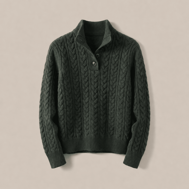 Celeste cashmere sweater in dark green, cable knit, half-button placket, ribbed hem