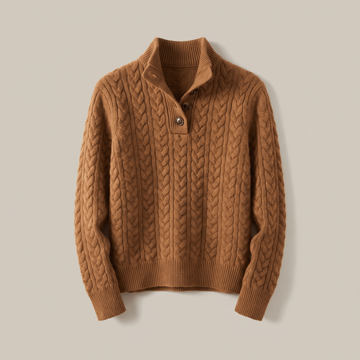 Celeste cashmere sweater in warm tan brown, cable knit texture, buttoned mock placket