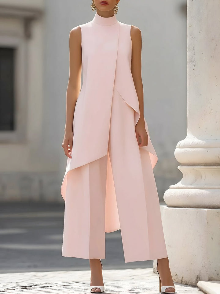 Blush pink sleeveless high-neck maxi dress with layered wrap-style skirt