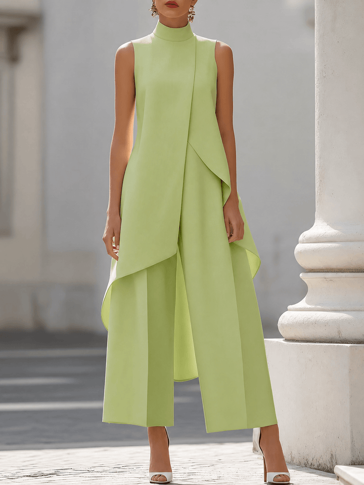 Sage green sleeveless high-neck maxi dress with cascading asymmetrical layers
