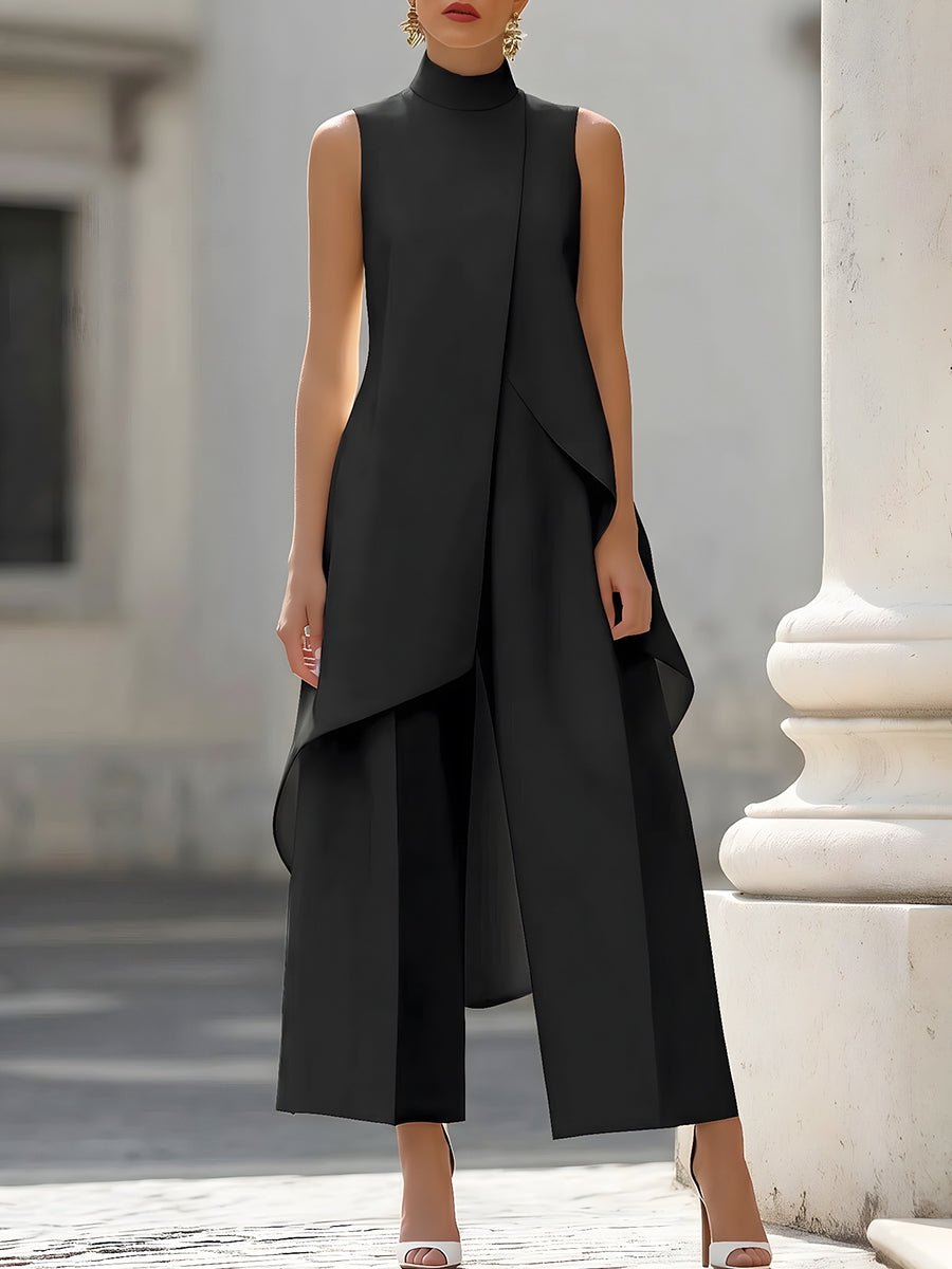 Black sleeveless high-neck maxi dress with draped wrap-style panels