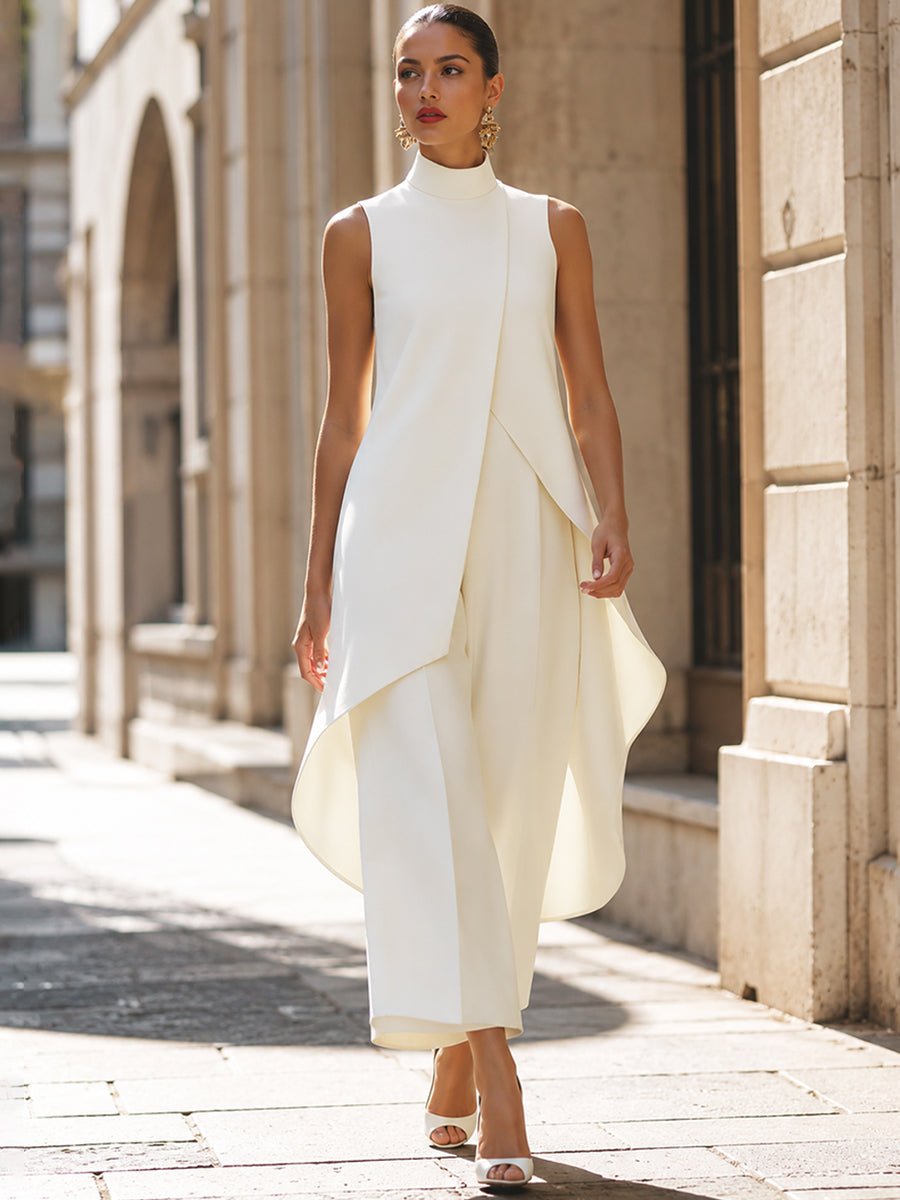 White sleeveless high-neck maxi dress with asymmetrical draped front